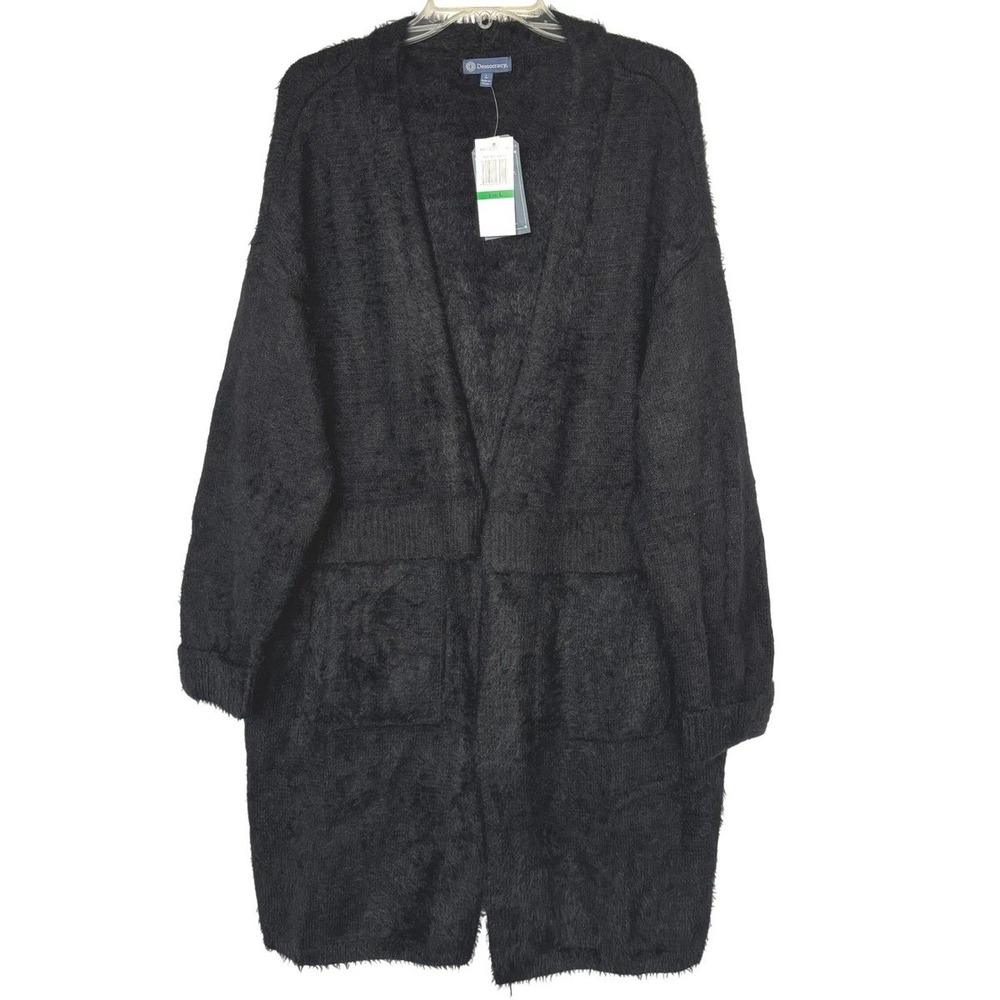 Democracy Open Front Fuzzy Eyelash Knit Cardigan Black Small New With‎ Tags